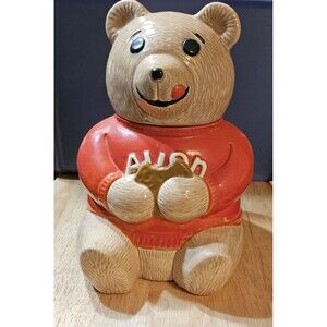 Vintage 70s 80's Avon Ceramic Cookie Jar Bear with Red Shirt MCM